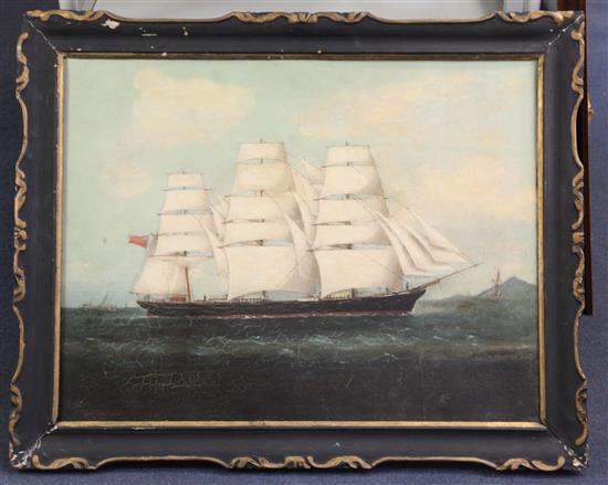 19th century Anglo-Chinese School Clipper ship off the coast of China 17.5 x 23in.